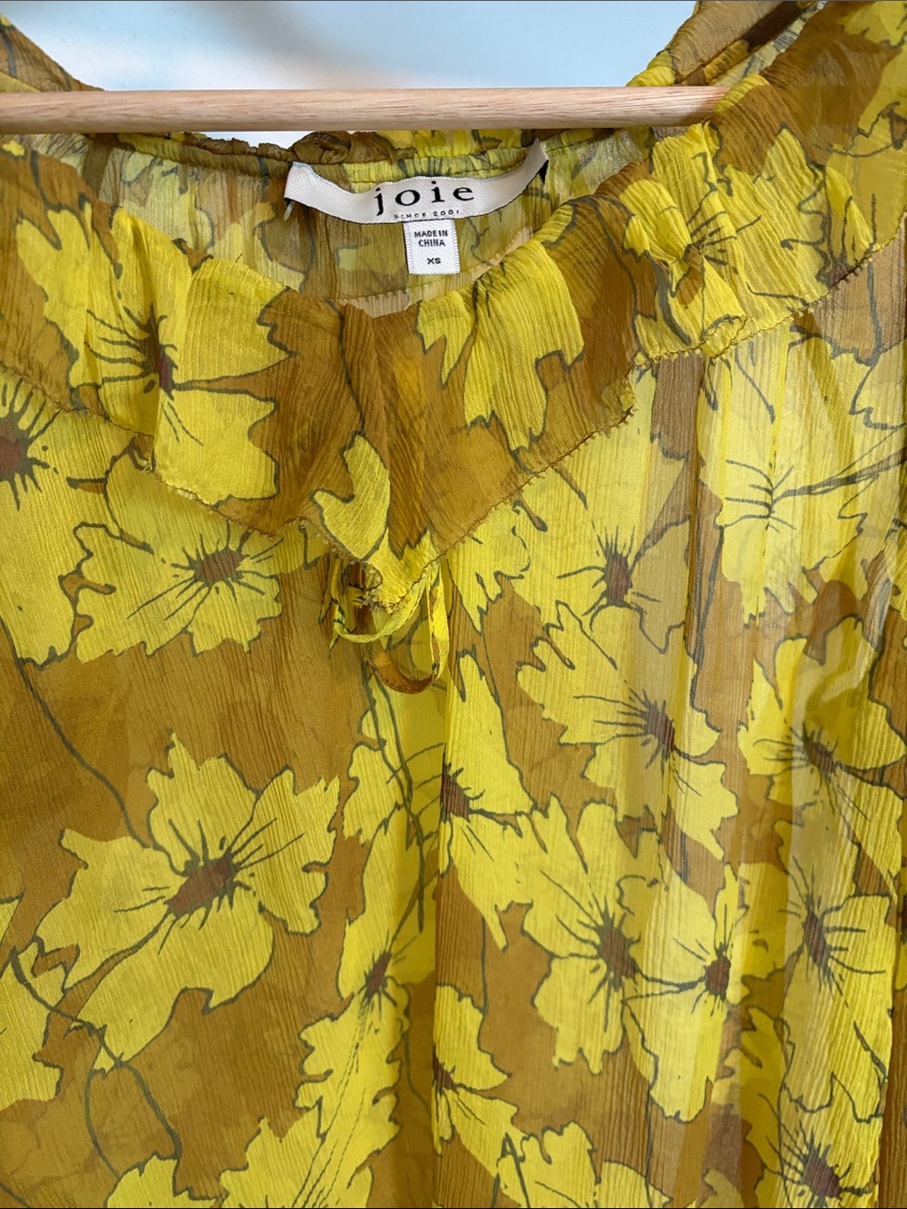Joie Yellow Floral Sheer Tie-Neck Blouse